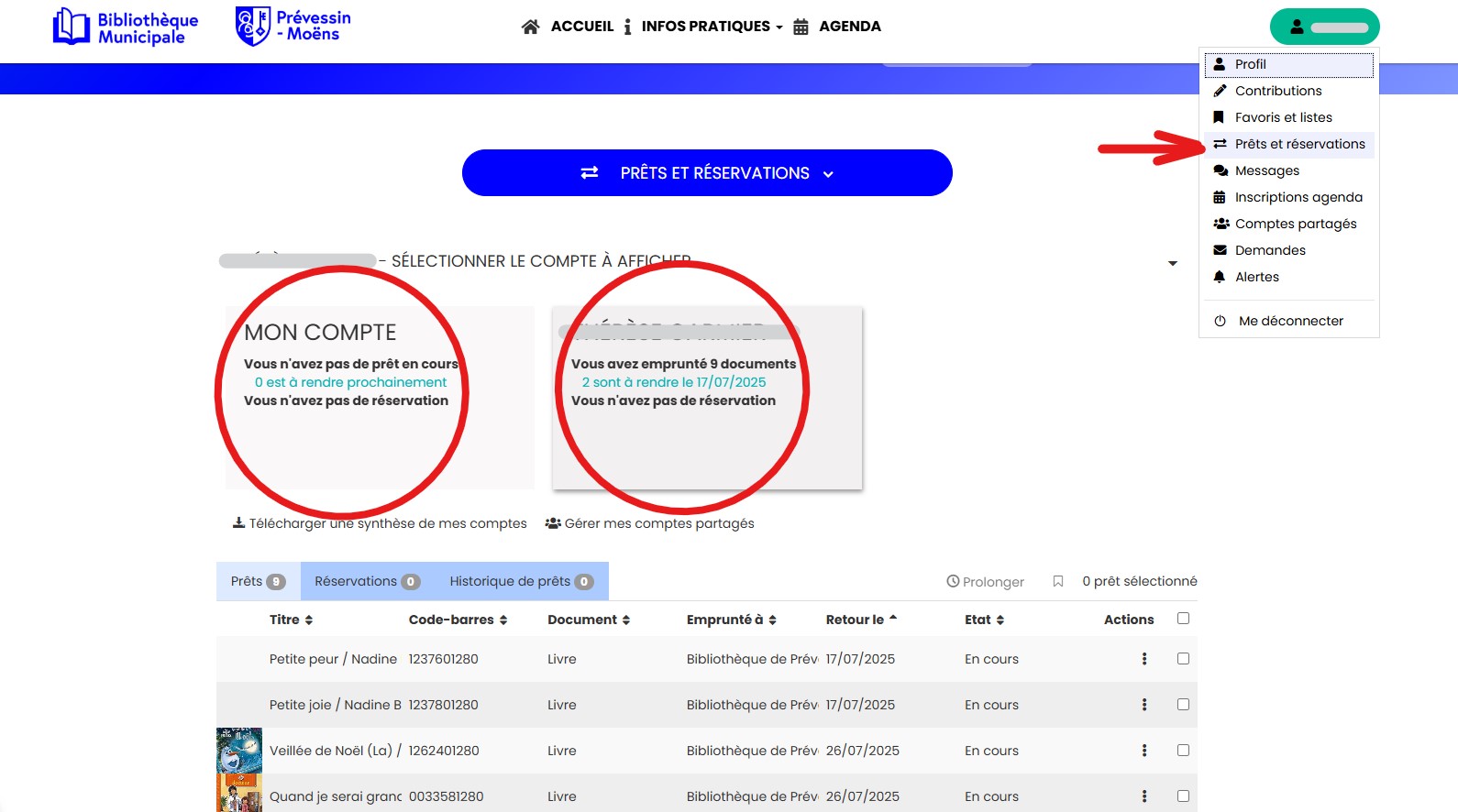 Reconnectez-vous sur le compte parent. Visualisez les prêts du compte partagé. 
